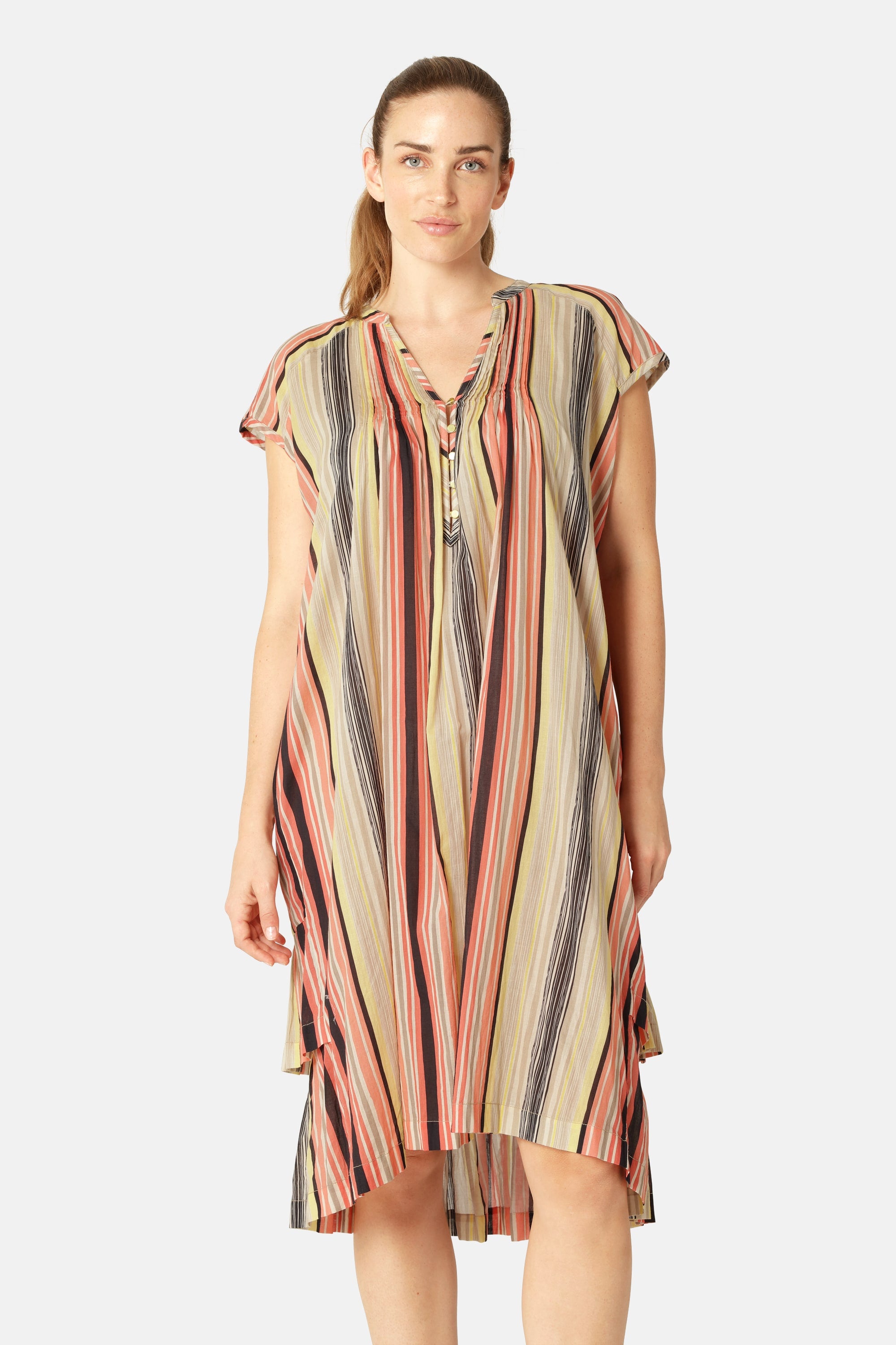 Lang Kjole med Korte Ermer Pintuck - Red Organic Stripe
